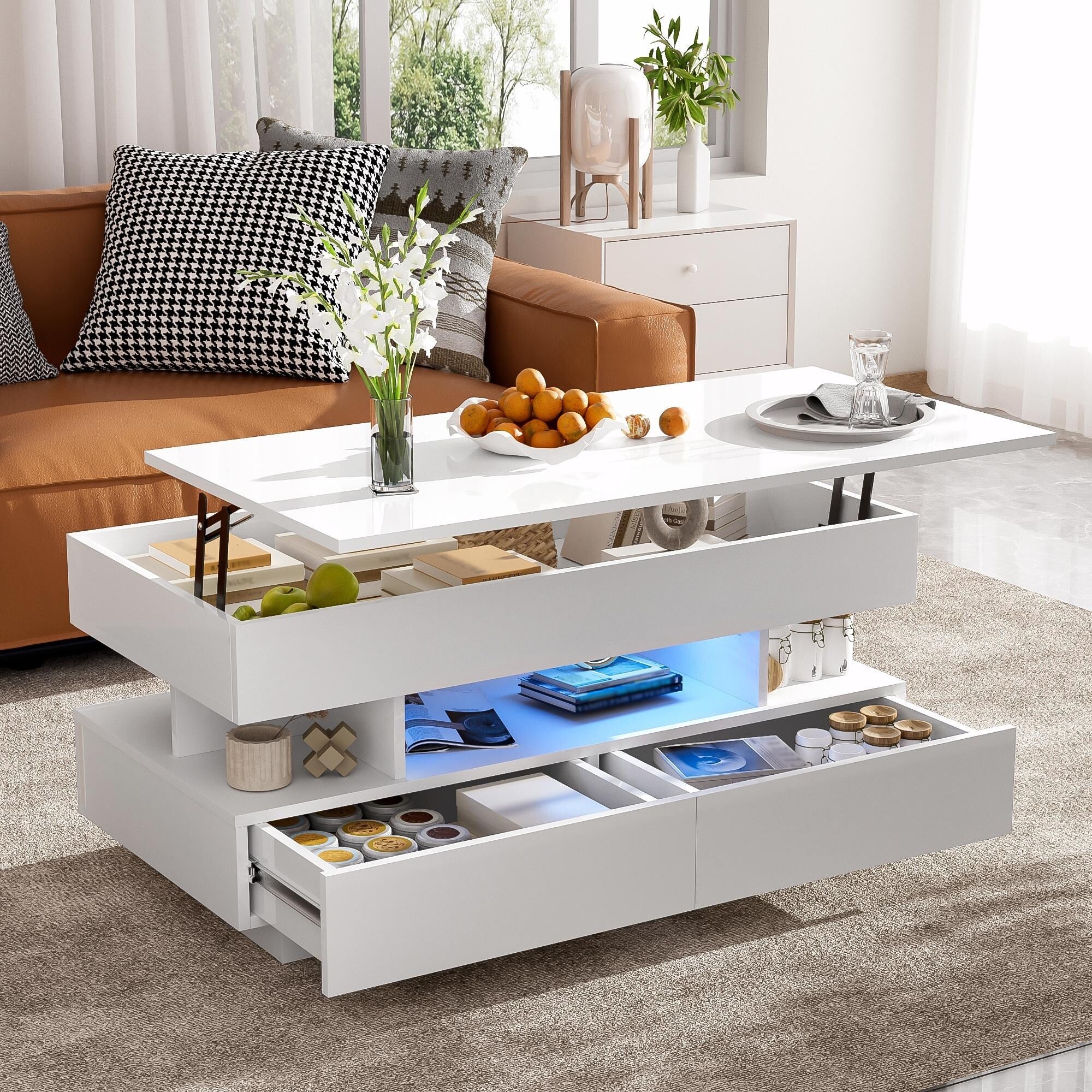 Lift-Top Coffee Table with 2 Drawers, Modern Coffee Table with Adequate Hidden Compartment