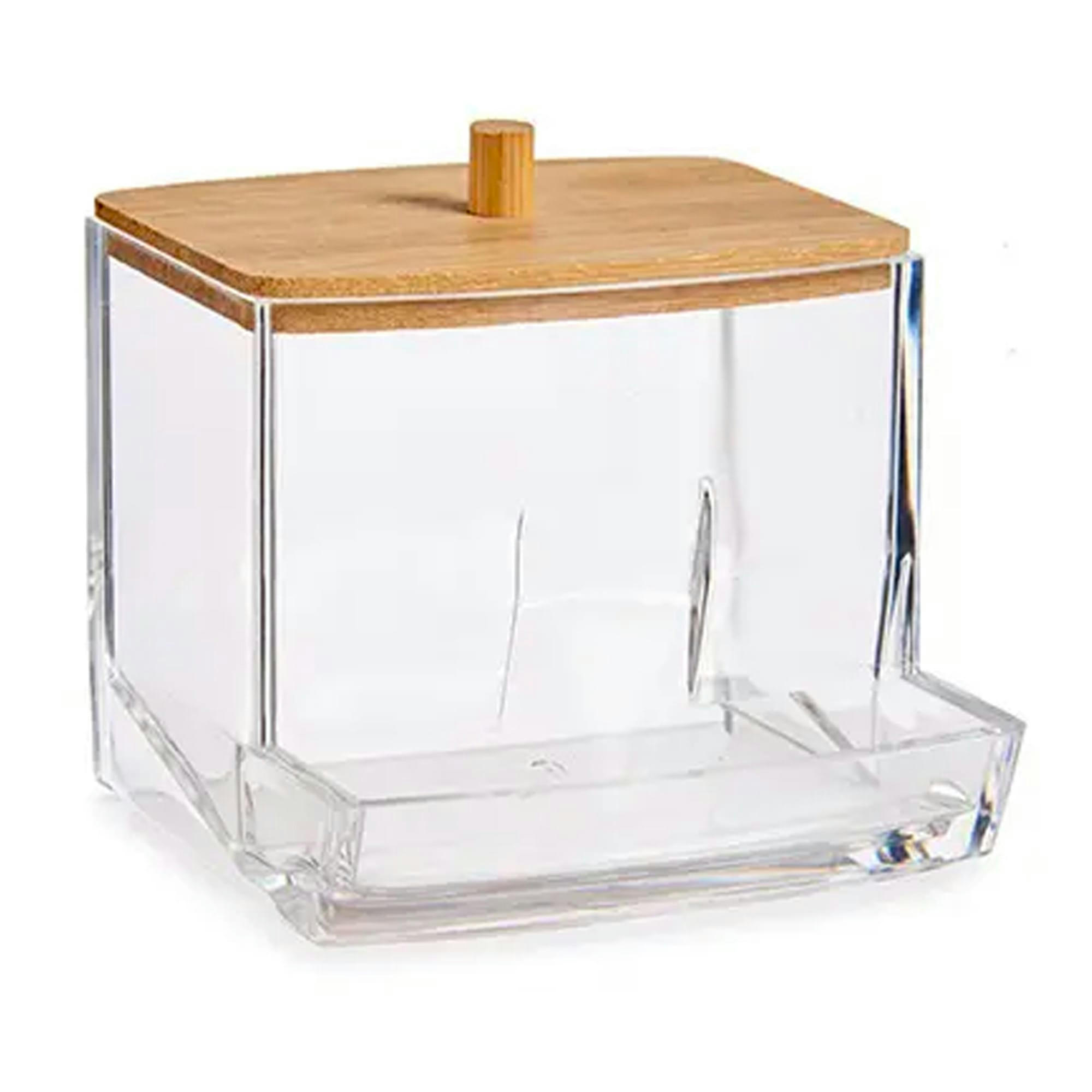 - Distributeur coton-tiges transparent et bambou 9x6.5x8cm