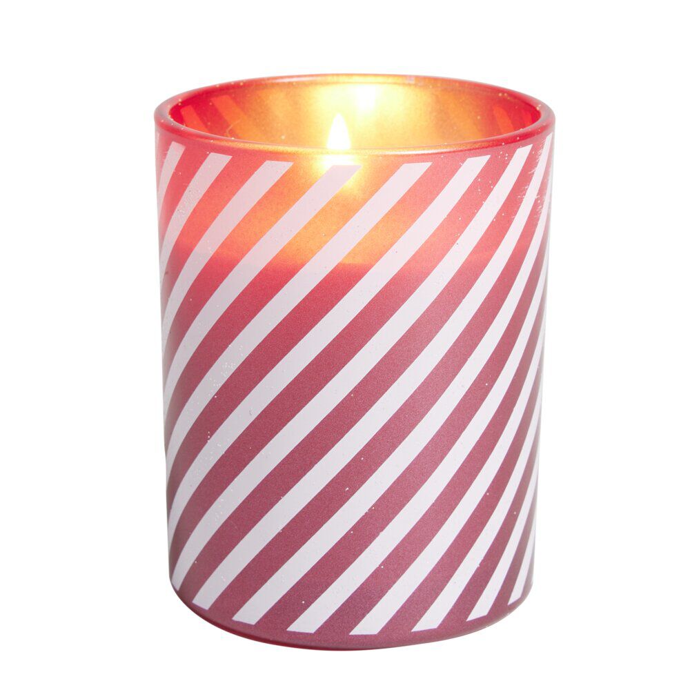 Bougie de No&euml;l dans verre rouge et blanc senteur pomme cannelle 40H - Ø8xH10cm