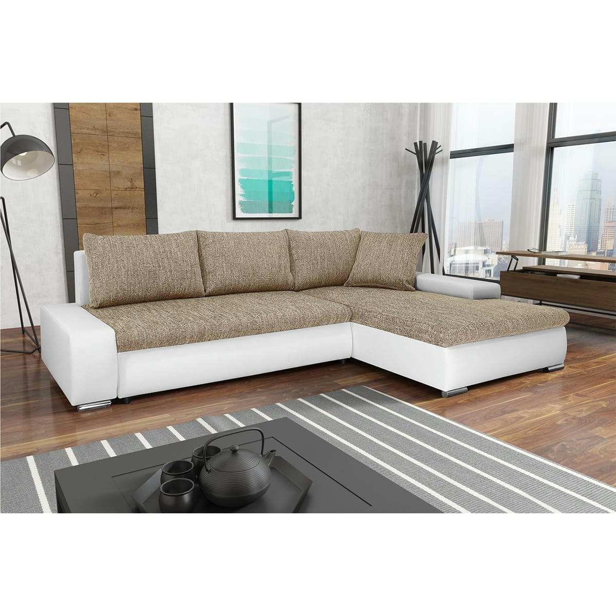 - Canapé d'angle convertible droit 4 places beige et blanc