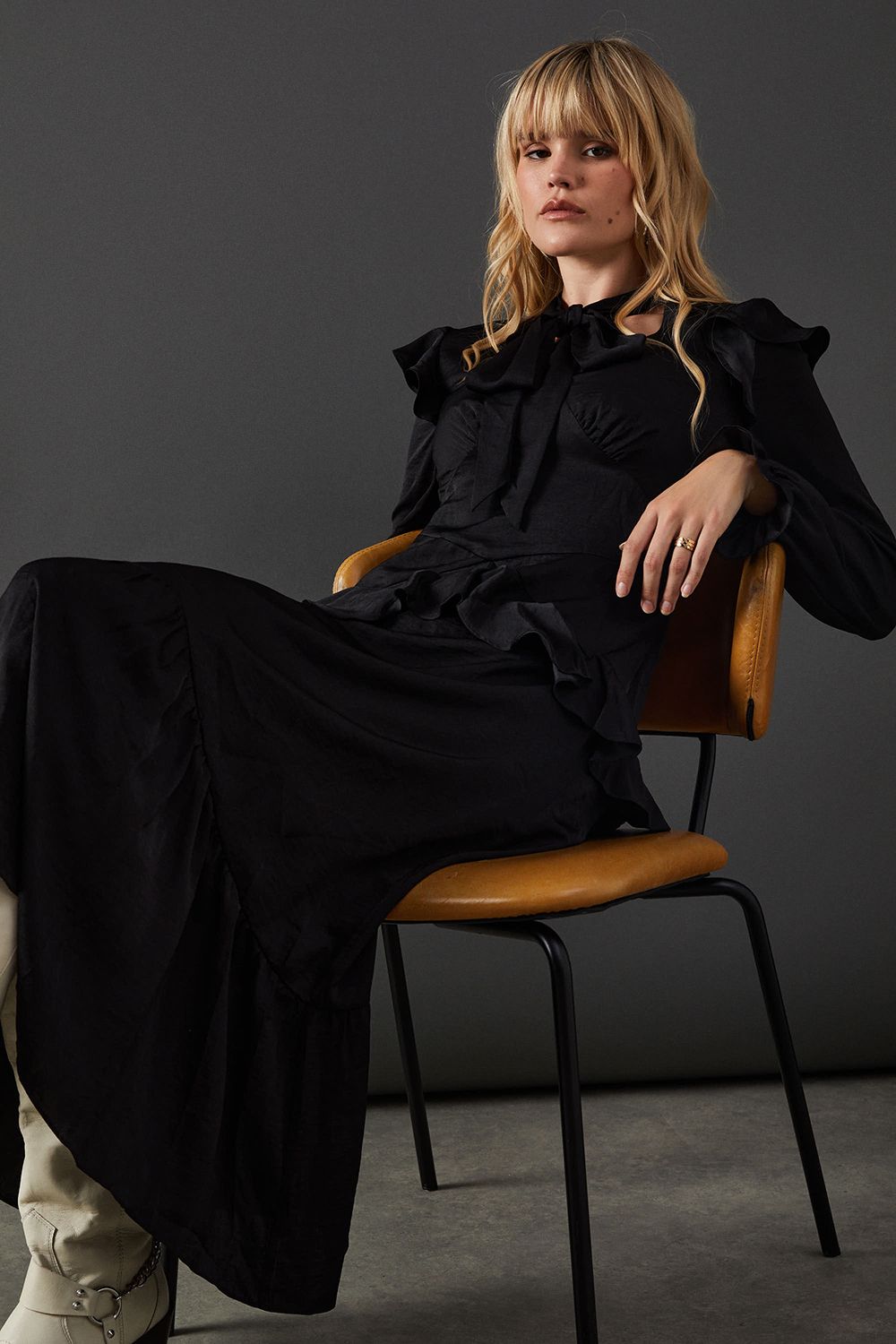 Warehouse Satin Tie Neck Ruffle Midi Dress
