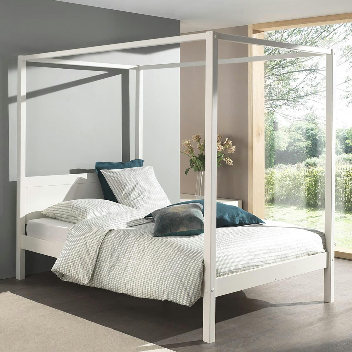 PINO - Lit à baldaquin 140x200 sommier inclus blanc