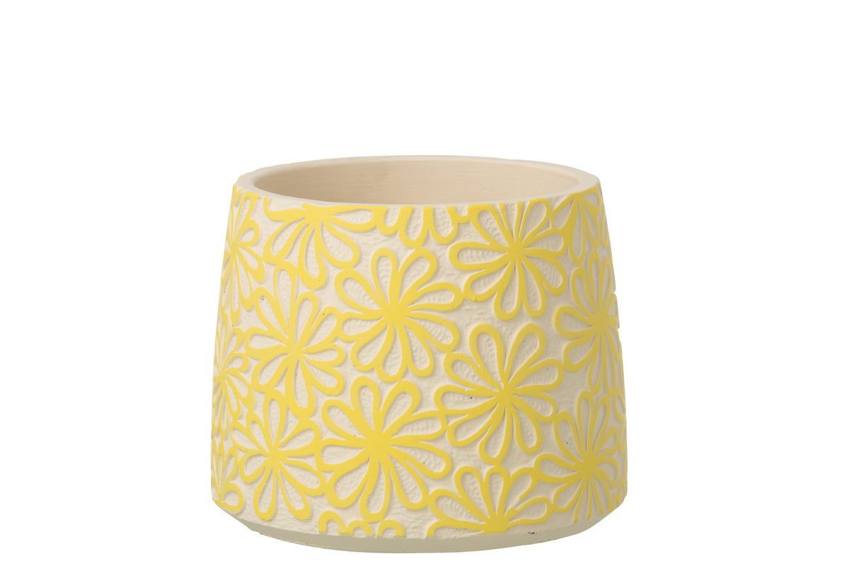 J-Line bloempot Rond Bloemen - cement - geel - large