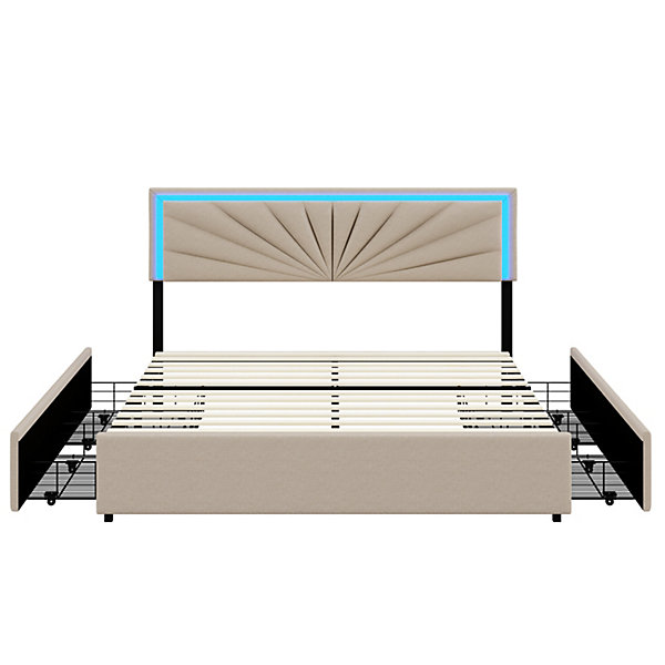 Lit Double 160 X 200 Cm, Rembourré Avec 4 Tiroirs Et LED, Sommier à Lattes, Lin Beige