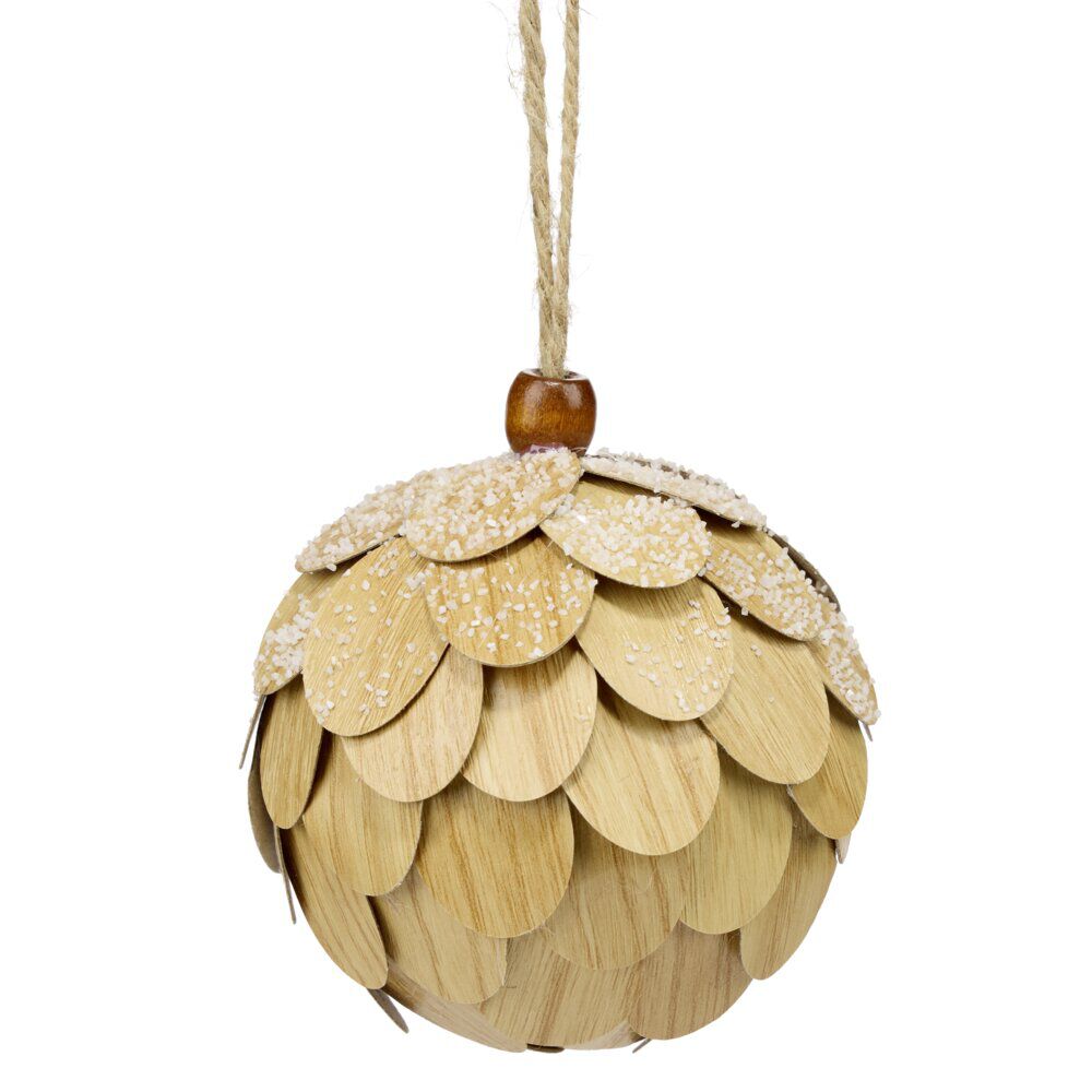 Boule de No&euml;l bois champêtre à suspendre Ø8 cm (2 modèles)