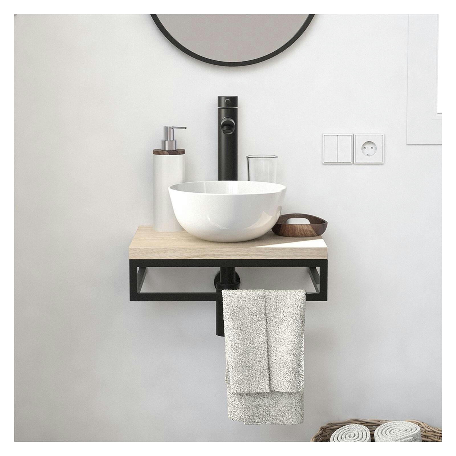 SOHO - Meuble lave-mains  plan fin p-serviette dessous vasque blanche+robinet