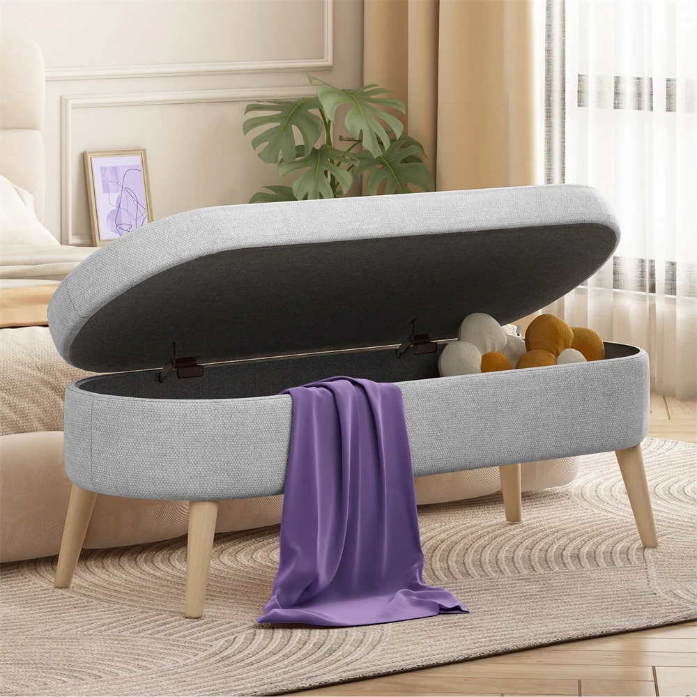 Ottoman Oval Storage Bench 43.5 Linen Fabric Upholstered Entryway Bench for Living Room/Bedroom/End of Bed/Entryway