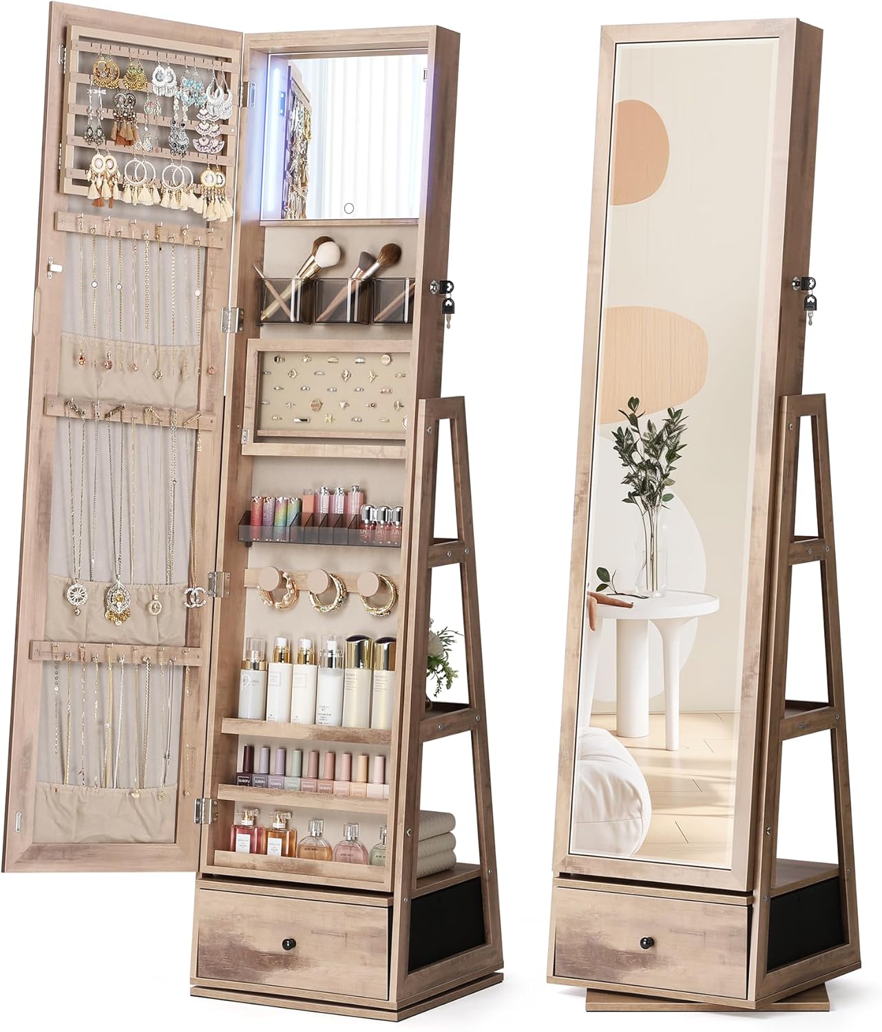 Nicetree 360° Swivel Jewelry Cabinet with Lights, Touch Screen Vanity Mirror, Rotatable Full Length Mirror with Jewelry Storage, Standing Jewelry Armoire Organizer, Foldable Makeup Shelf, Oak