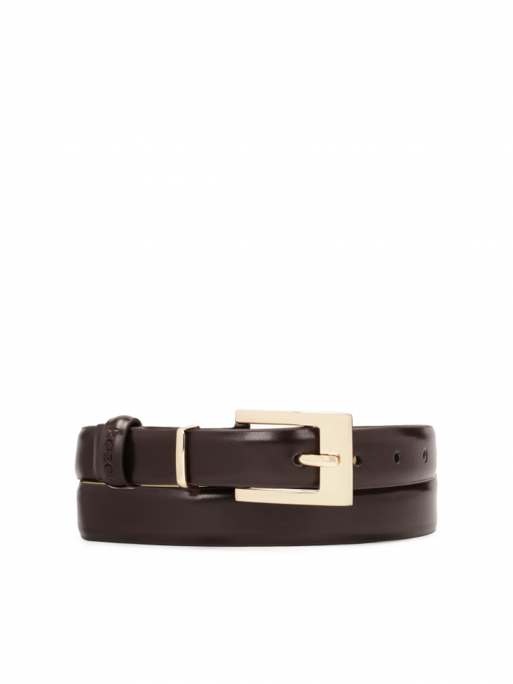 Dark brown leather belt with gold buckle