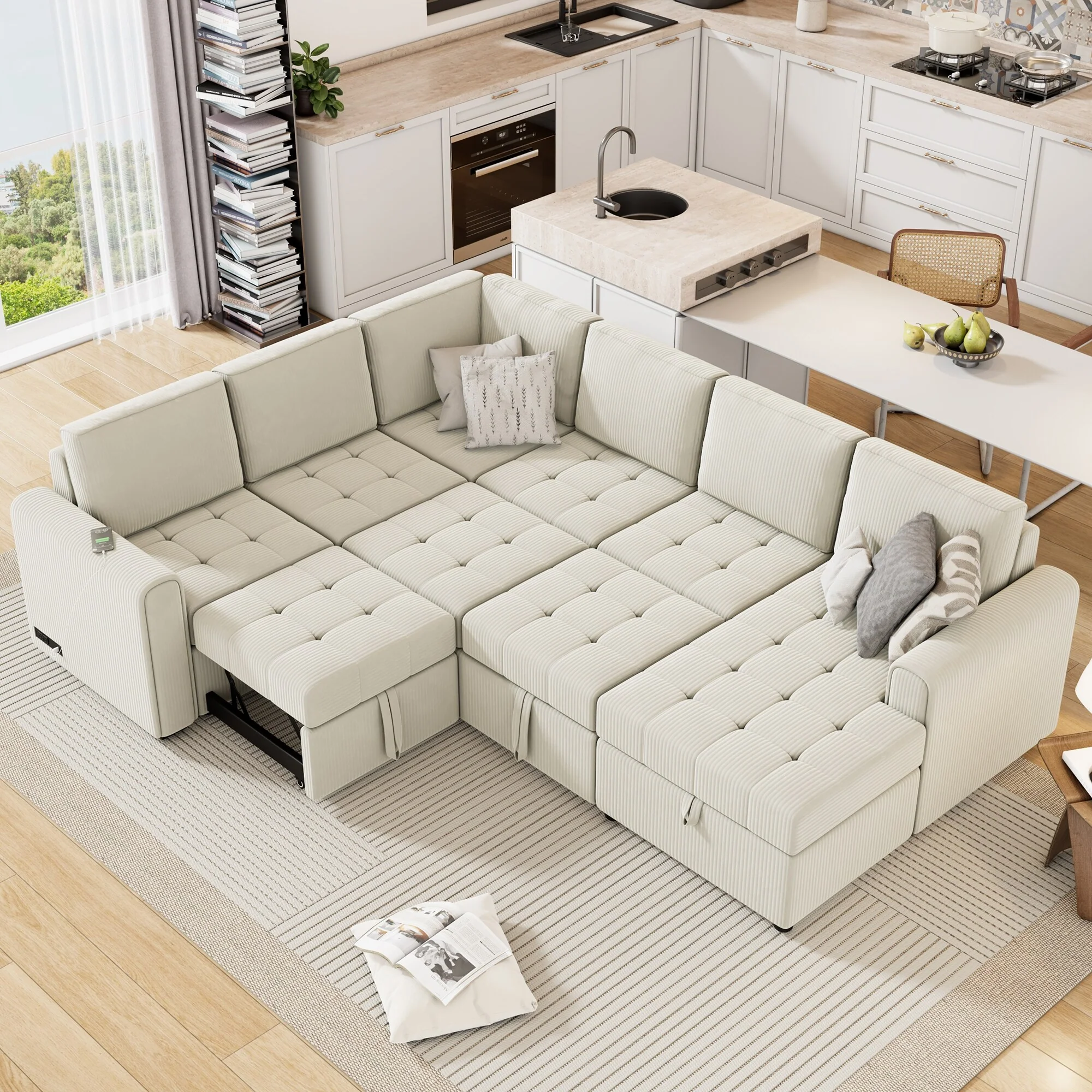 107.5 U-Shaped 5 Seater Sectional Sofa with Pull-Out Bed, Storage Chaise Lounge, USB Ports, and Power Sockets