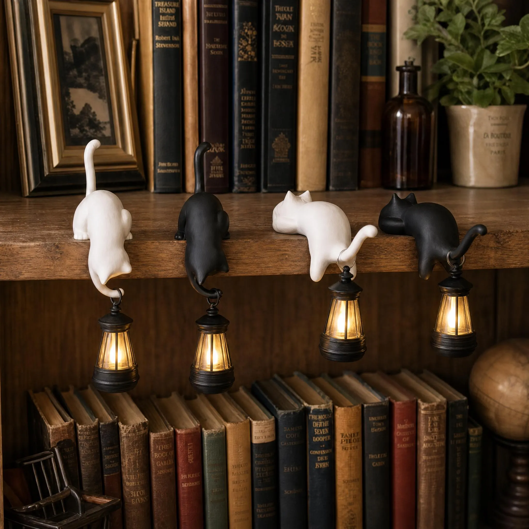 Cat Shelf Decor with Lantern, Gothic Halloween Bookshelf Ornament, Black Ivory Cat Lover Gift