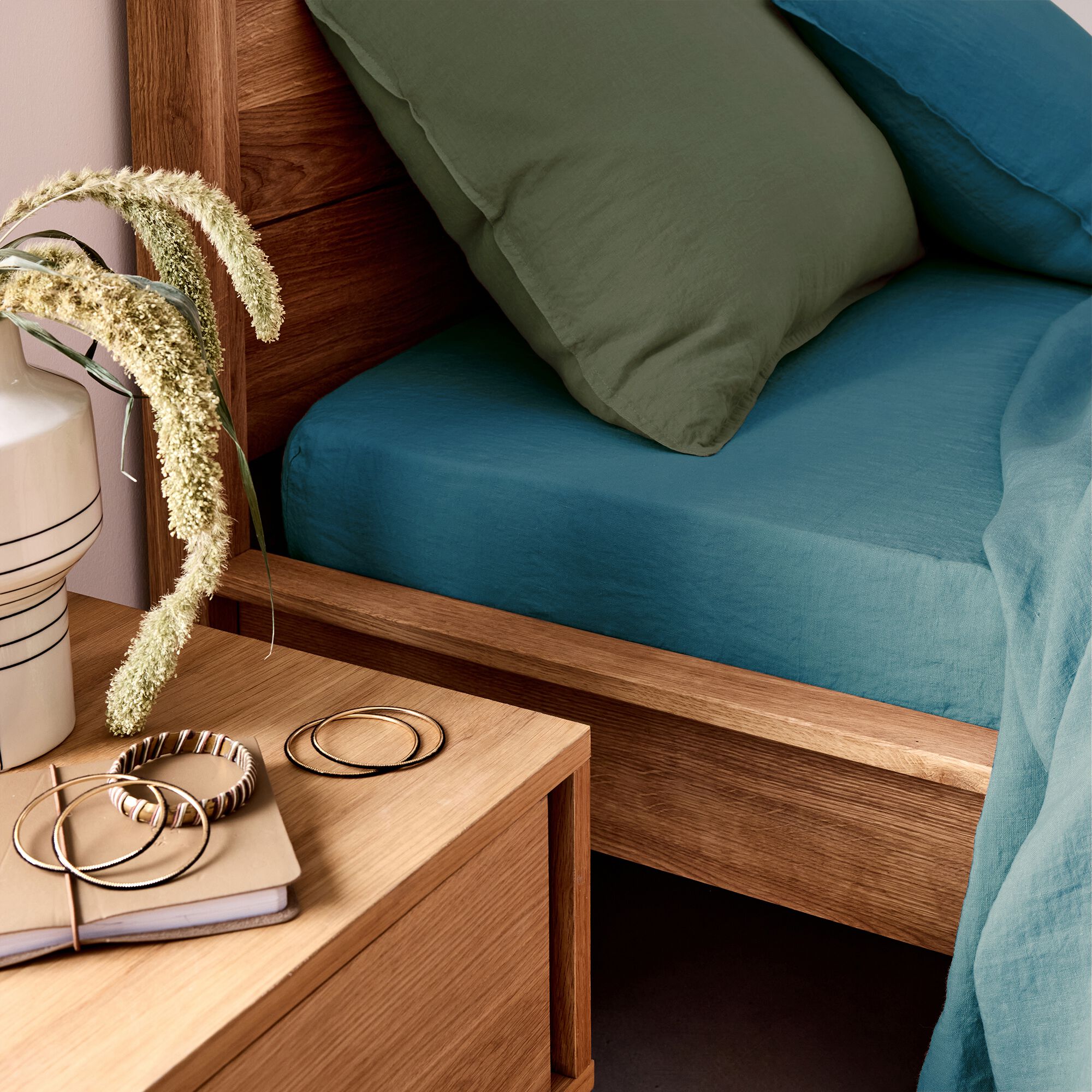 VENCE - Drap housse en lin lavé 140x200cm B28cm - bleu figuerolles