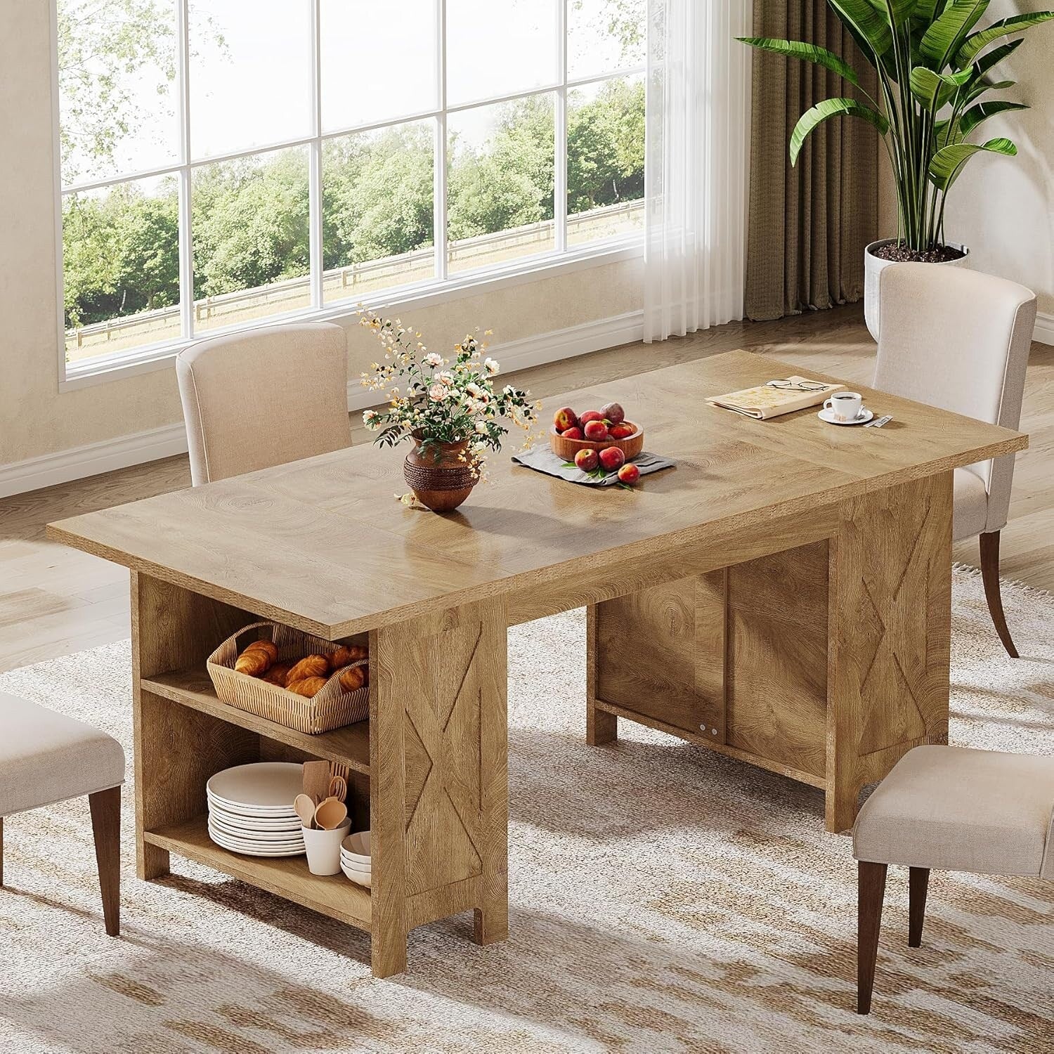 Farmhouse Dining Table with Storage, Rectangular Wooden Kitchen Dinner Table