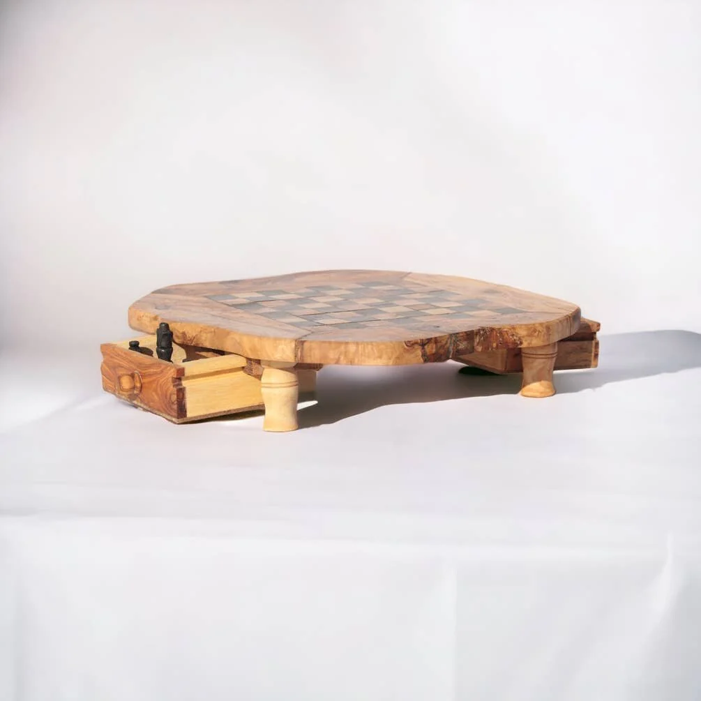 Large Olive Wood Chess Board with Storage Drawers
