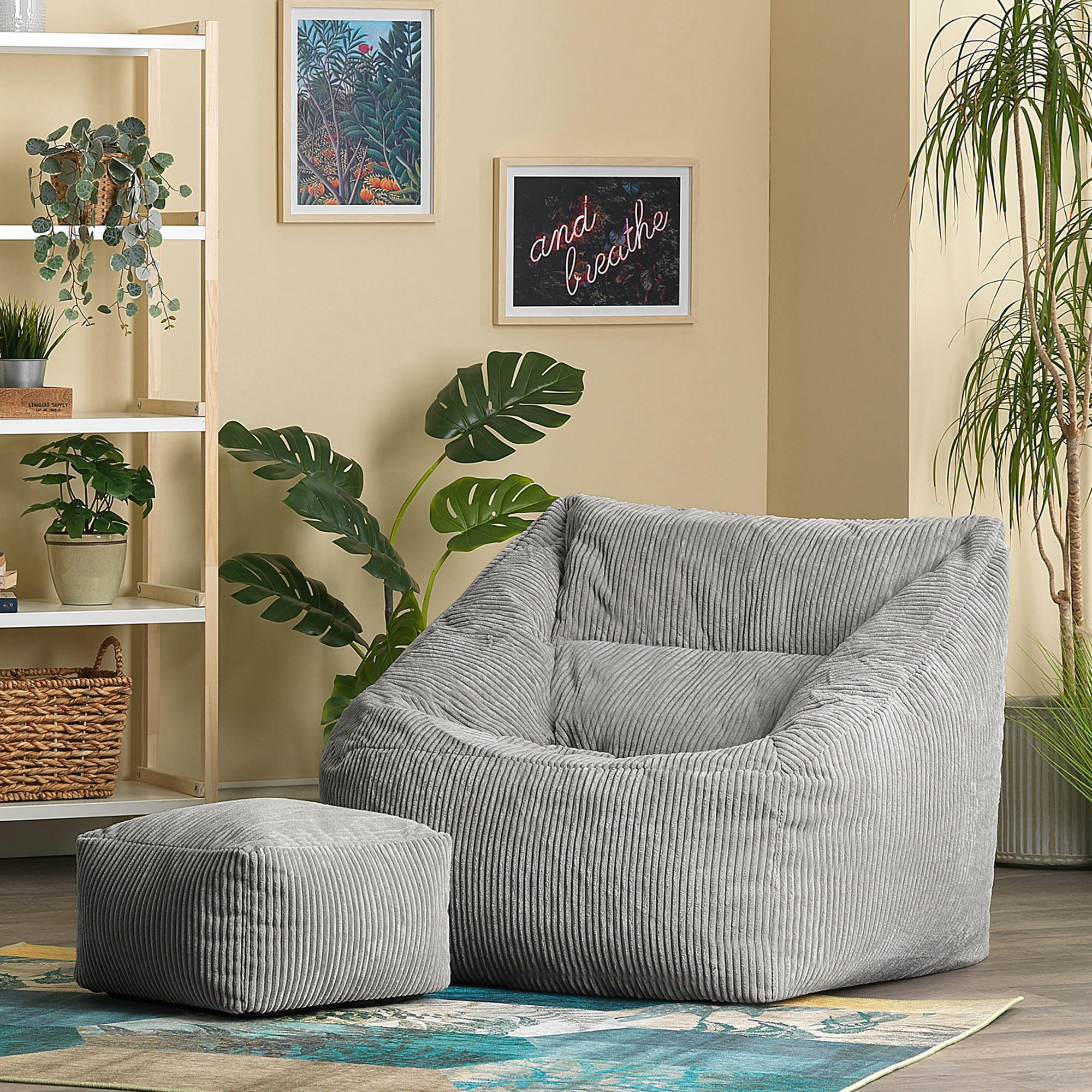 MORGAN - Pouf fauteuil avec repose-pied carré velours côtelé gris clair