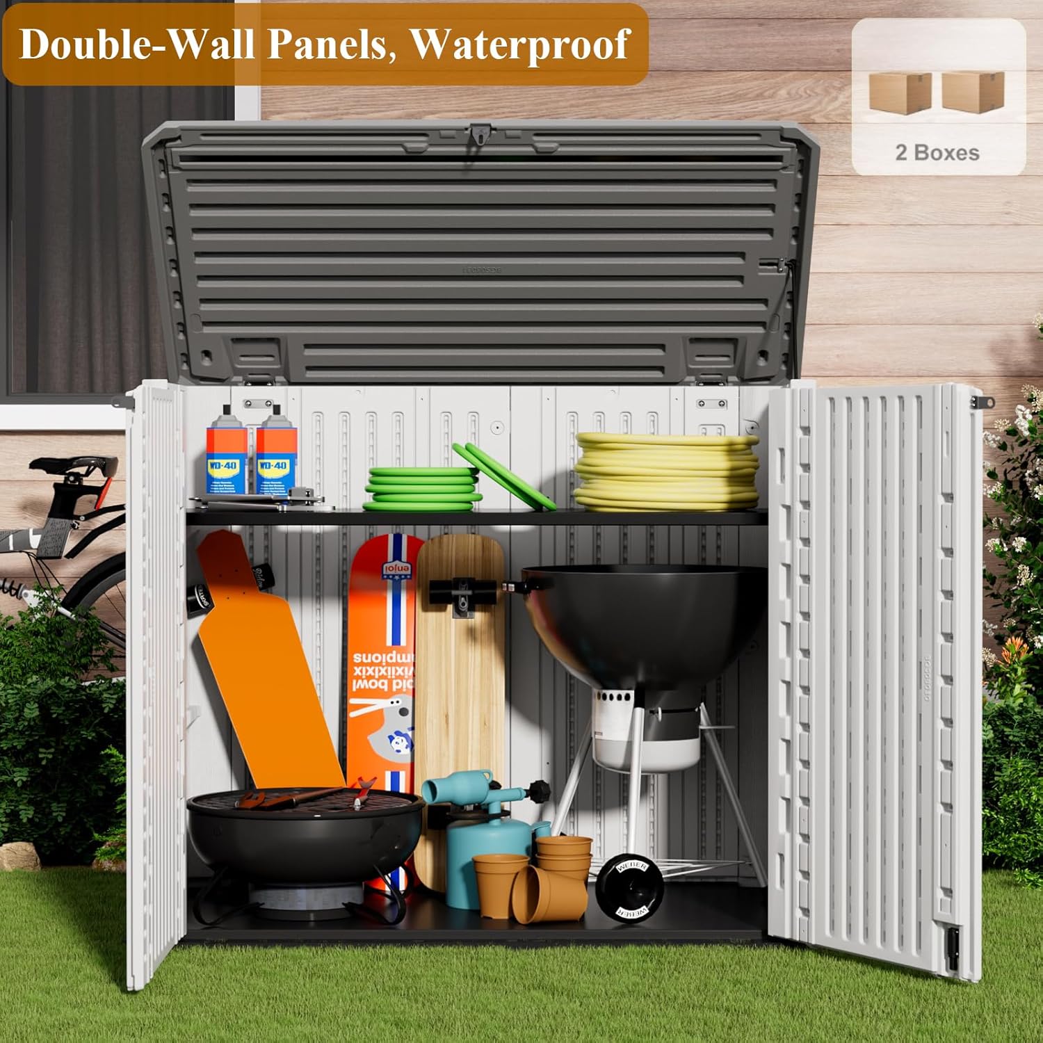 ZZM 4x3FT Heavy-Duty Outdoor Storage Shed | 34 Cu.Ft Waterproof Resin Cabinet with Double-Wall | UV-Resistant & Lockable for Garden Tools  Bikes  Patio Furniture (Wood Grain Texture)