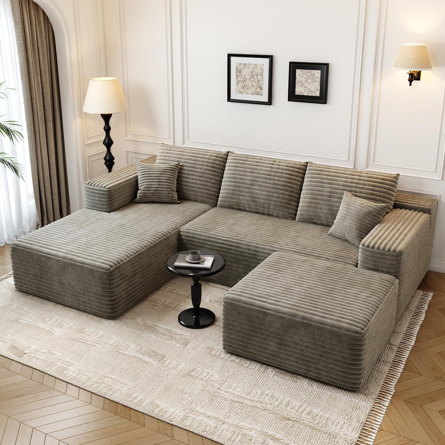 107.5 Cloud Modular Sectional Couch with 1 Ottoman,Modern Minimalist Upholstered Couches, Comfort U Shaped Sofa for Living Room,Deep Seat Corner Couch，No Assembly Required (Camel,Left Facing Chaise)