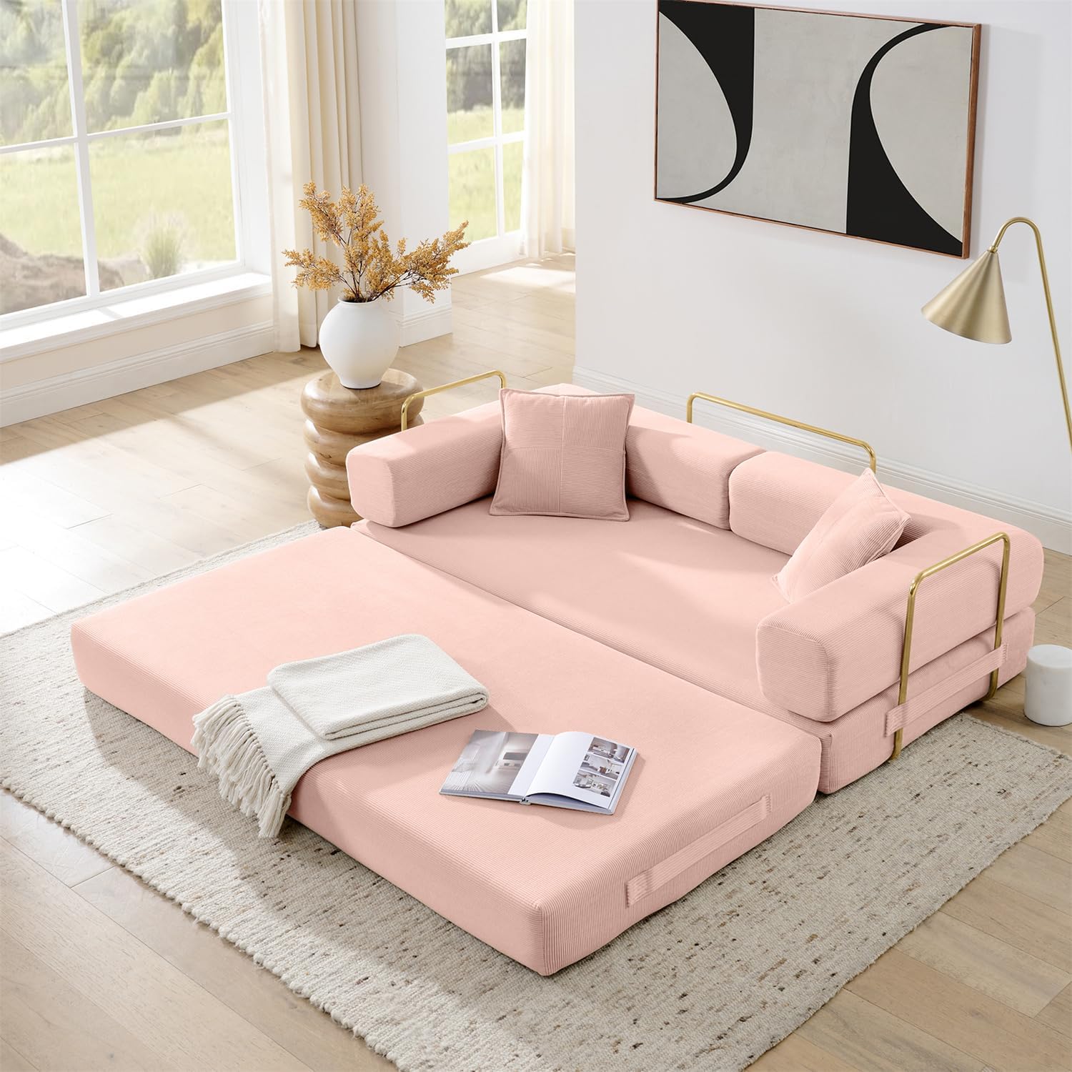 4-in-1 Folding Convertible Sofa Bed, 78 Inch Boneless Couch with Fixed-Shape Frame, Corduroy Loveseat Sleeper with Pull Out Bed, Floor Sofa Modular Futon Couch for Living Room Bedroom Lounge (Pink)