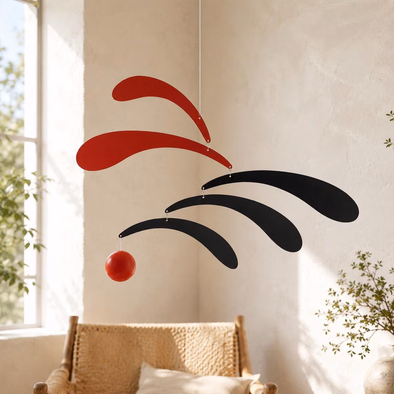 Mondrian Style Kinetic Mobile, Natural Wood Hanging Art, Red Black Abstract Minimalism