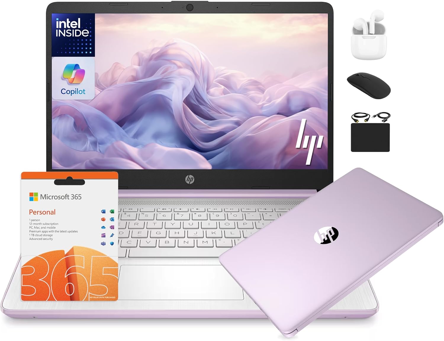 HP 14 Laptop Student Business 2025 Flagship Computer  AI Copilot  4-Core 13th Gen Intel CPU  16GB RAM 628GB Storage (128GB UFS+500GB Ext) 1-Yr Office 365 Long Battery HubxcelAccessory Win 11S Lavender