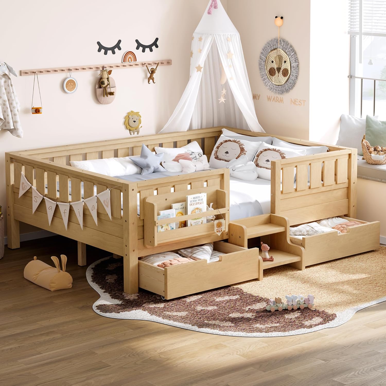 Bellemave Full Size Bed with Slats and Stairs, Full Size Platform Bed Frame with Fence, Bookshelf and Storage Drawers, Easy Assemble Beds for Girls, Boys, Light Natural