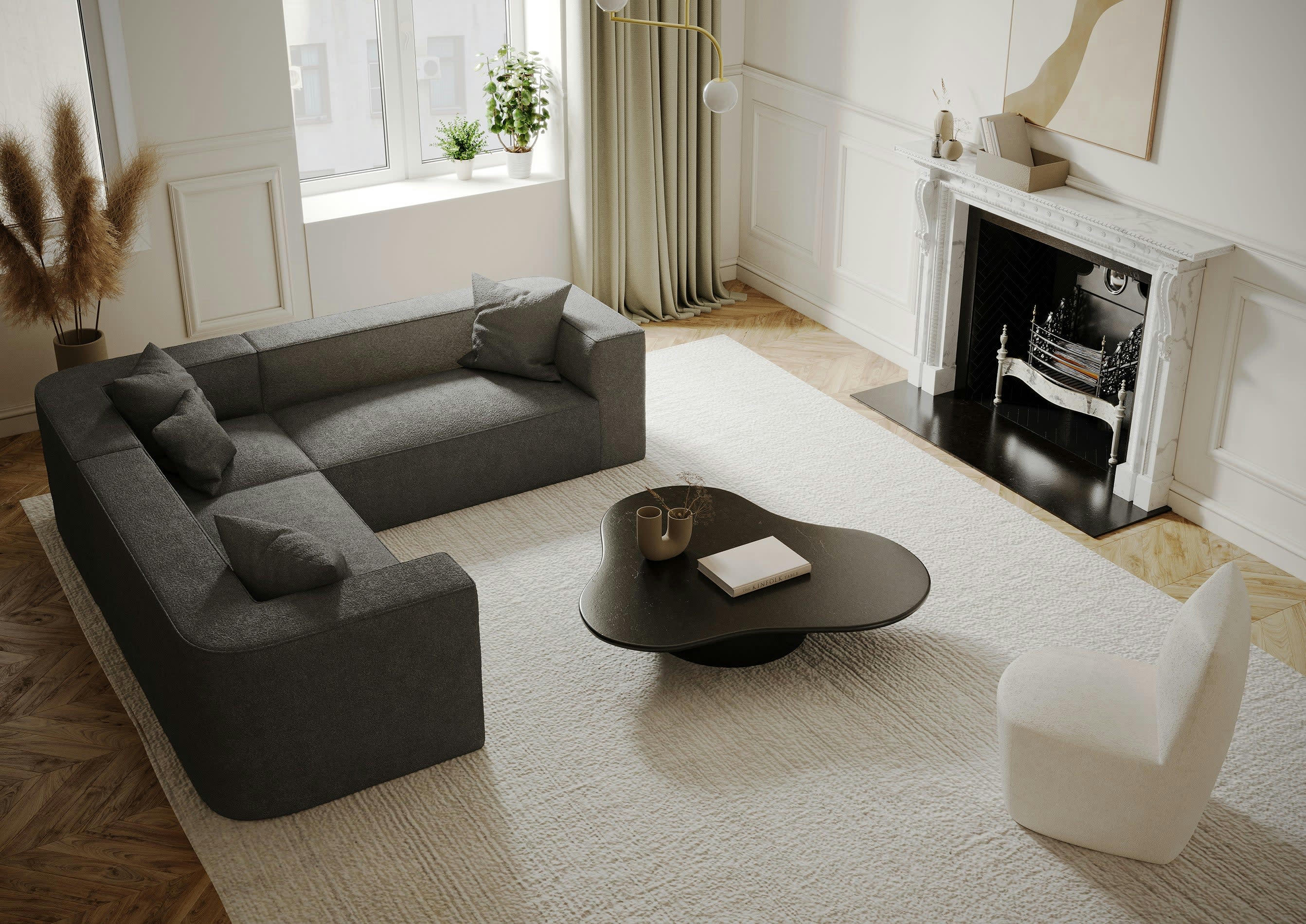 ALMA - Canapé d'angle symétrique tissu bouclette gris graphite