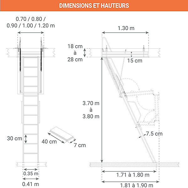 Echelle Escamotable Métal - Trappe 80x130cm - Hauteur 3.70 à 3.80m - ACI-QUA380/130-80