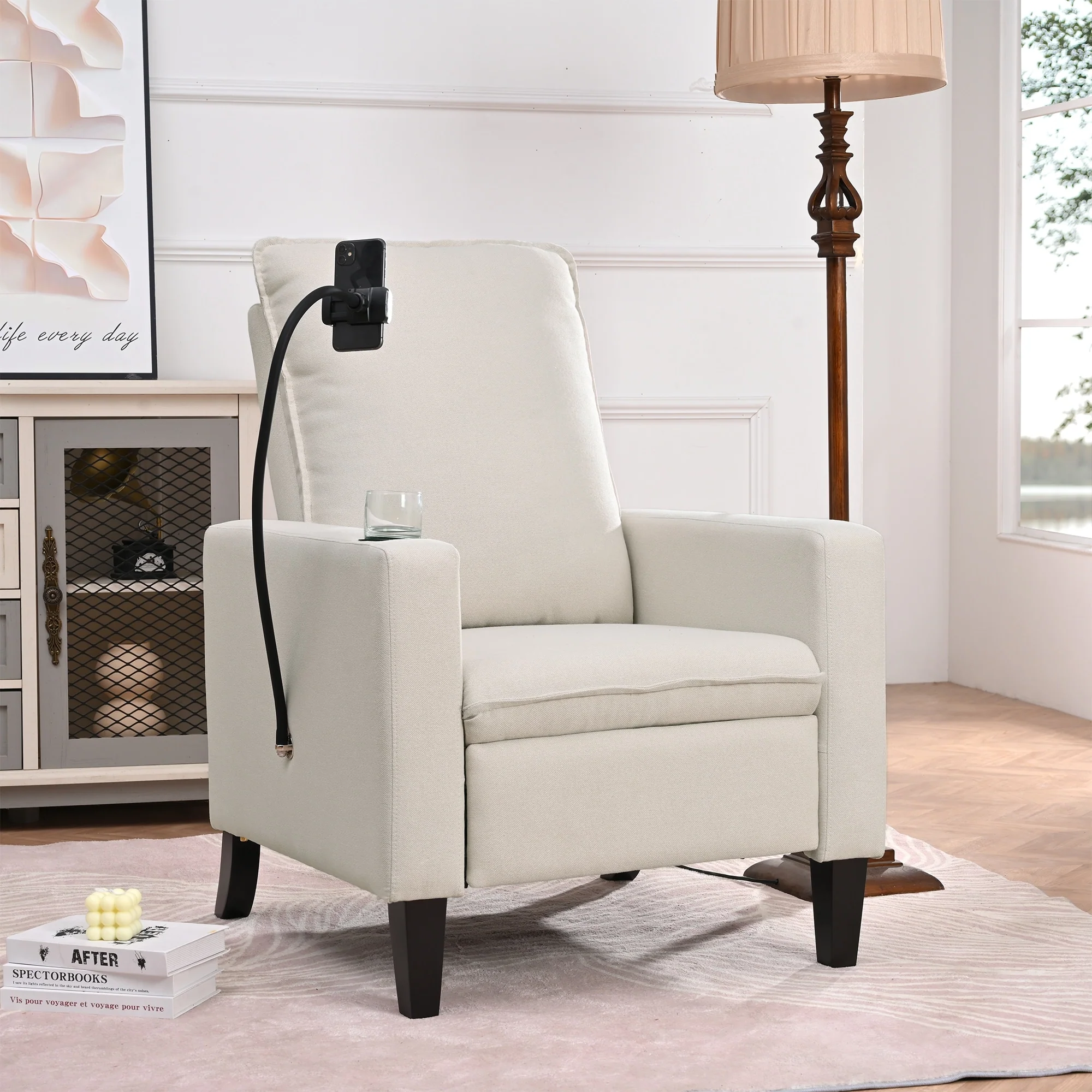 Beige Modern Fabric Manual Adjustable Recliner Chair with Mobile Phone Holder, Cup Holder, and Footrest