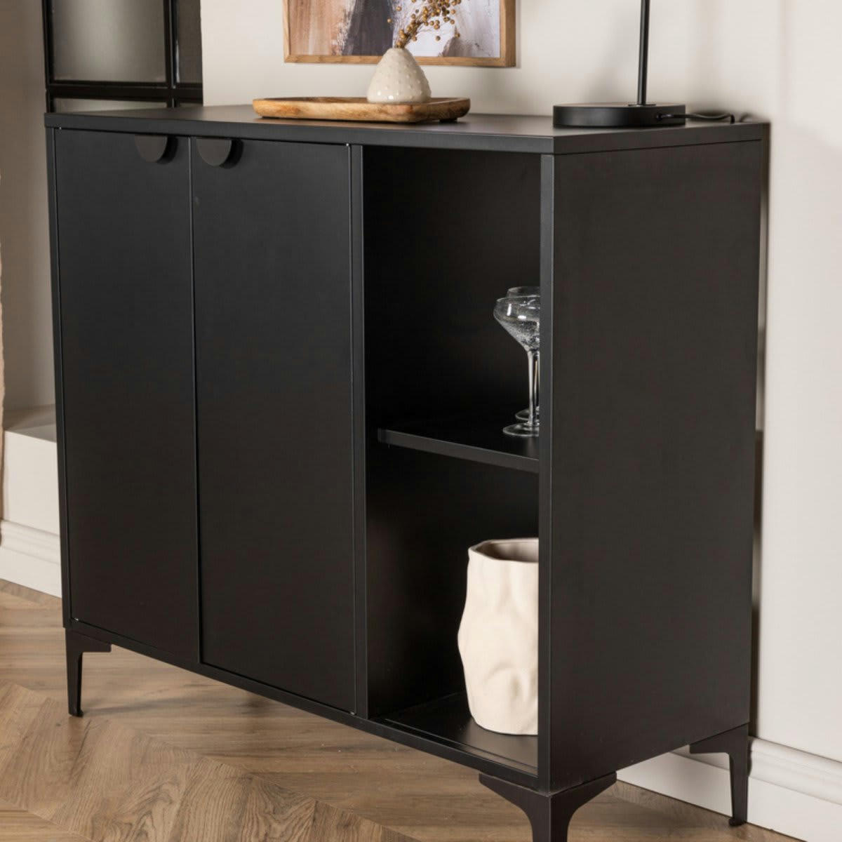 DIDI - Buffet bas 2 portes 2 étagères en métal noir