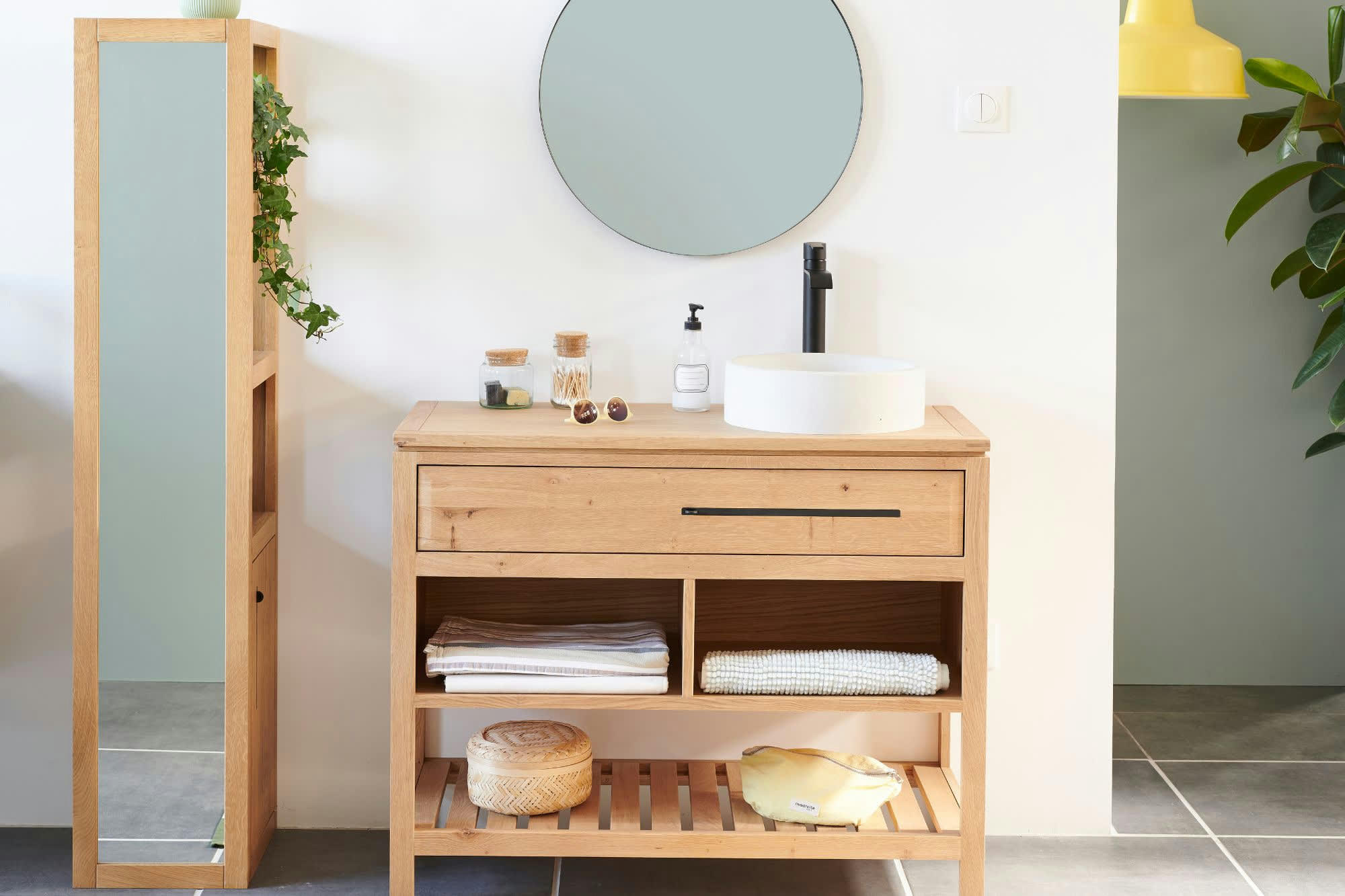 BOSTON - Colonne de salle de bain en chêne avec miroir 3 niche 1 porte