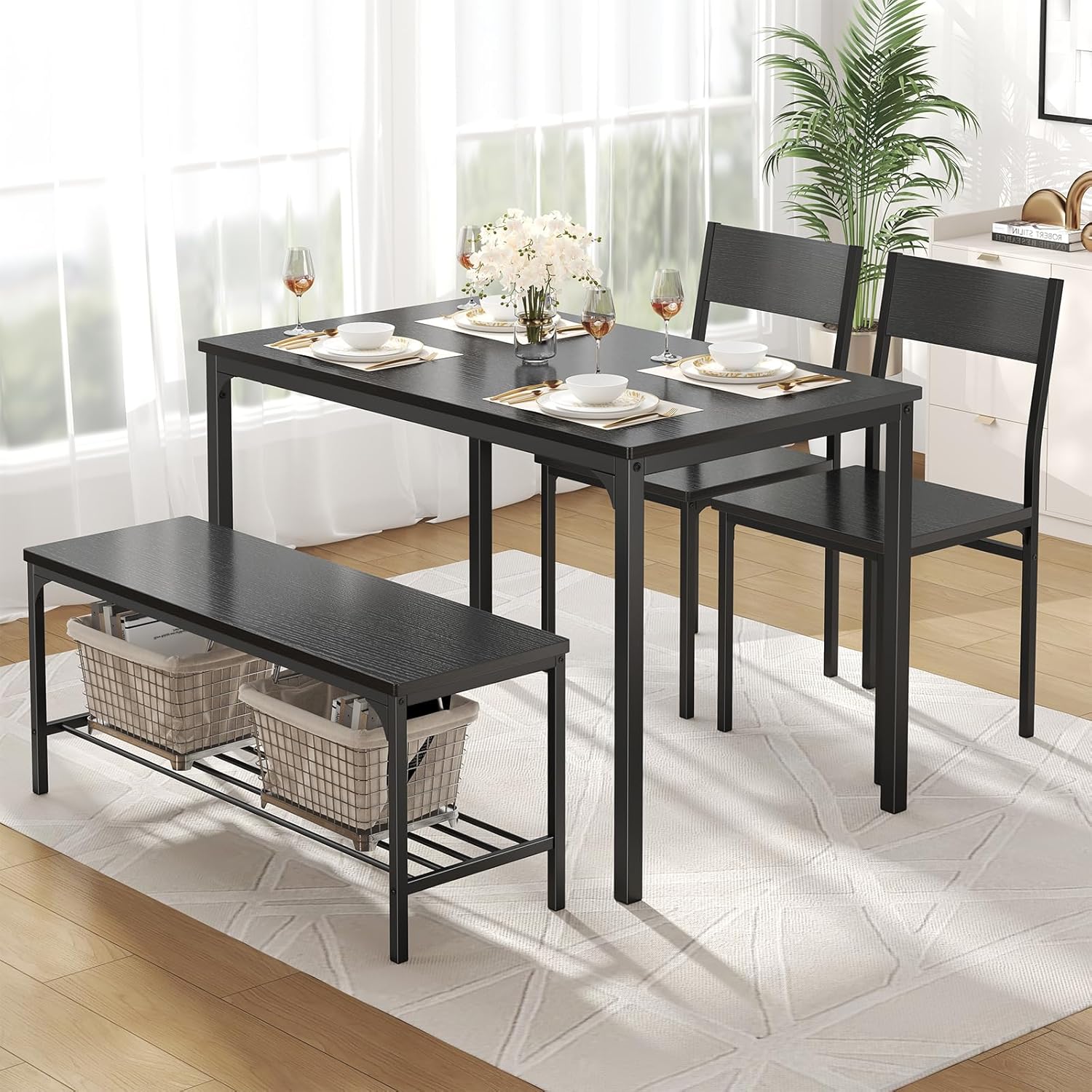 DUMOS Dining Table Set, Dining Table for 4 with Bench, Kitchen Table, Space-Saving Ideal 4-Person Set for Dining Room Kitchen Apartment Corner Black 4 Pack