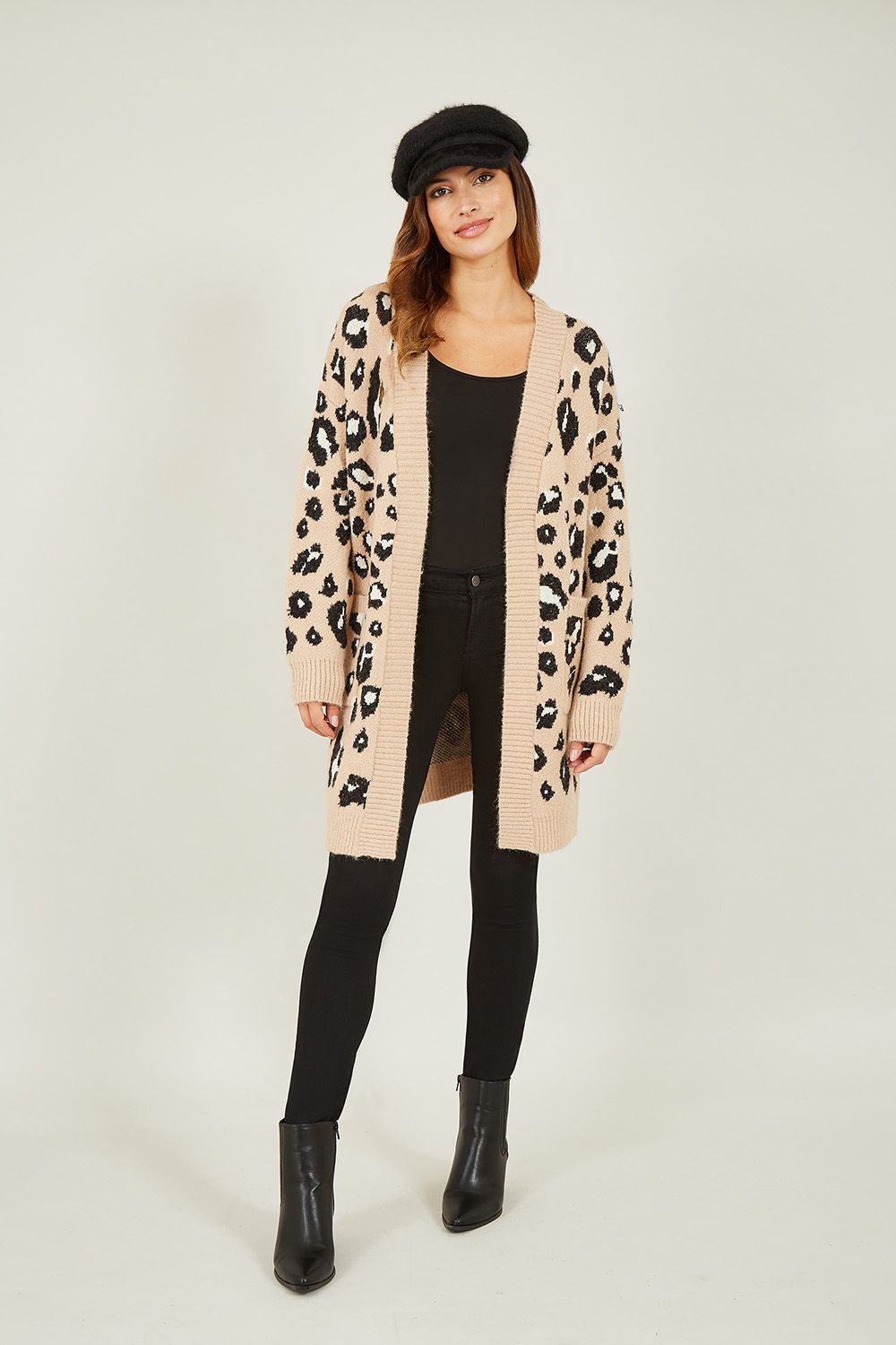 Yumi Beige Animal Print Intarsia Knit Long Cardigan