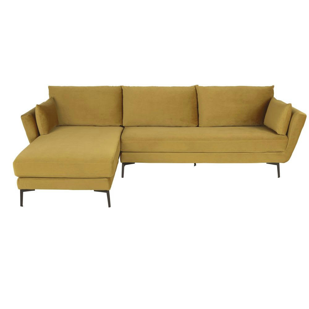 Prague - Canapé d'angle gauche 4/5 places en velours jaune moutarde