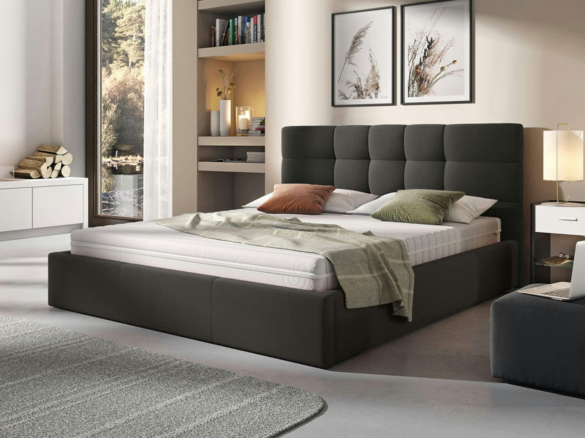 MAEL - Lit coffre en Tissu 160x200 gris anthracite