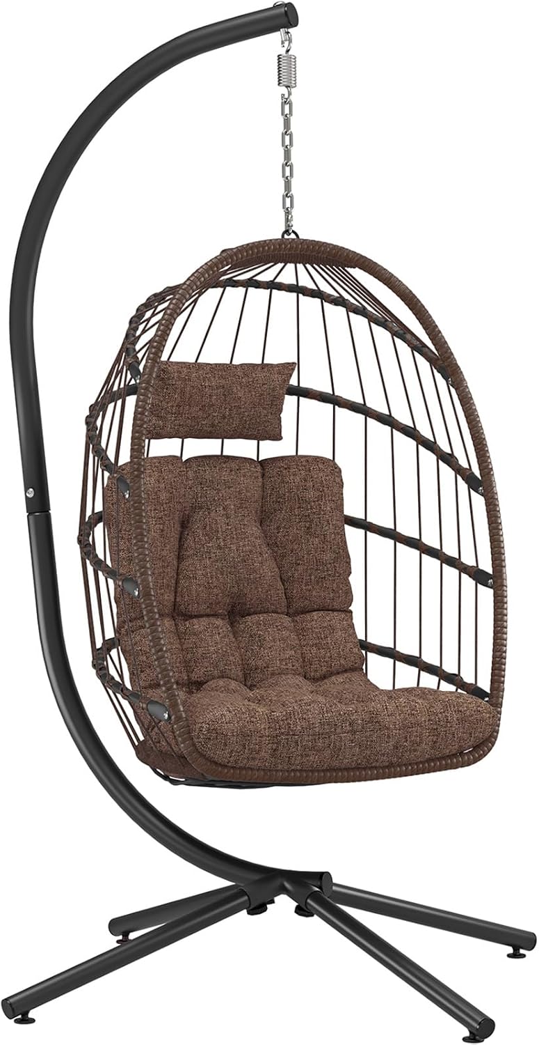 LEYCAY Hanging Egg Chair with Stand, Outdoor Indoor Swing Egg Chair with Cushion, Wicker Hammock for Patio, Bedroom 350 LBS Capacity-Brown