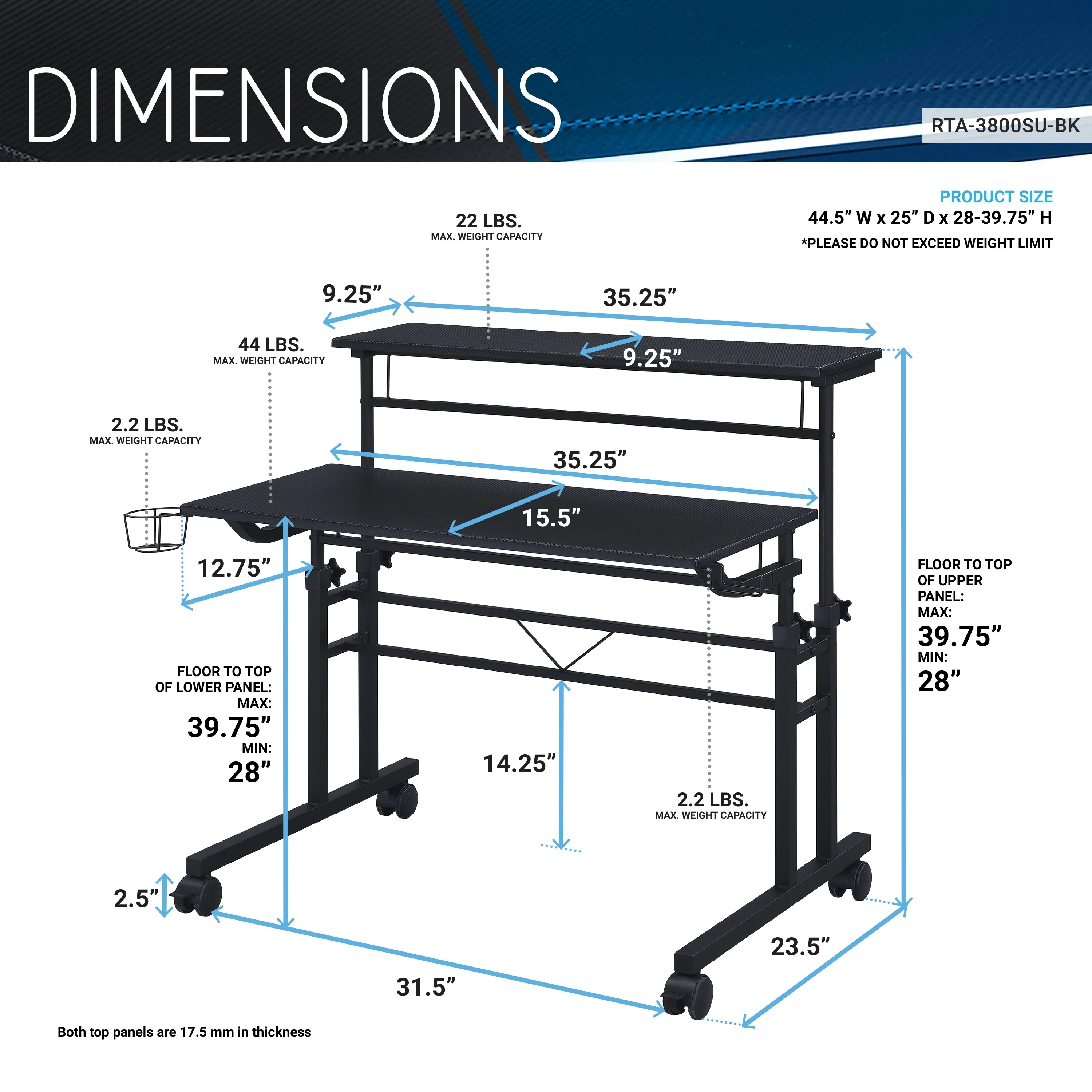 Techni Mobili Rolling Writing Desk with Height Adjustable Desktop
