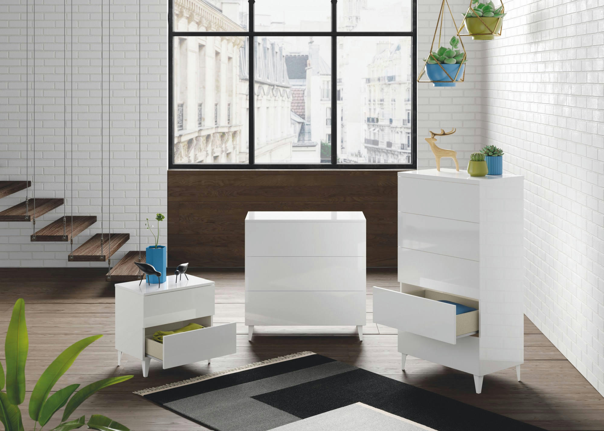 NASHVILLE - Table de chevet 2 tiroirs effet bois blanc brillant