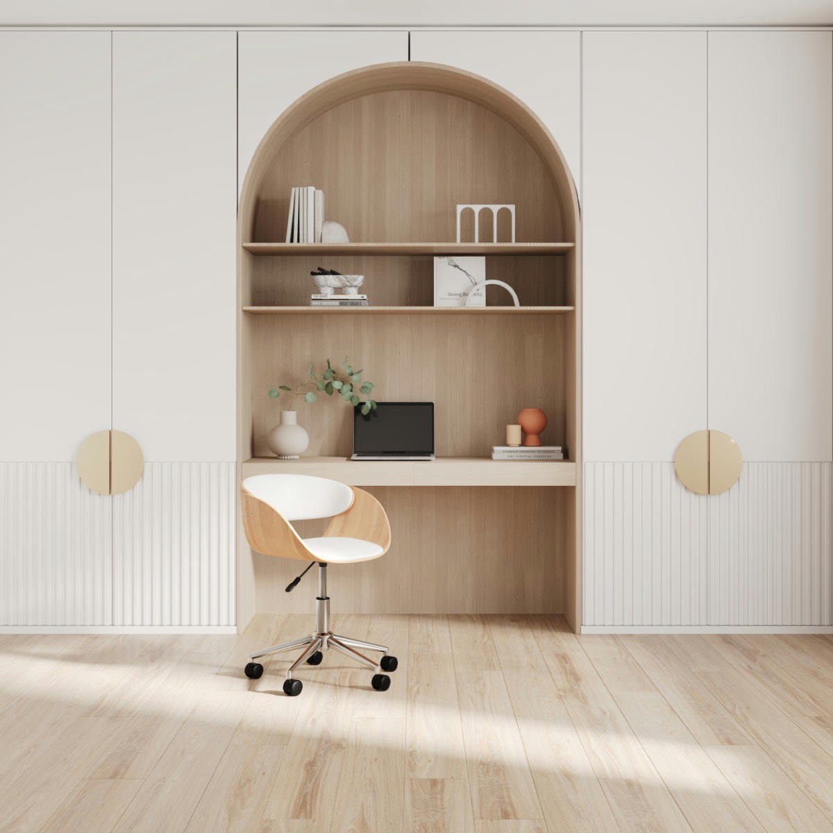 ADELMAR - Chaise de bureau pivotante sur roulettes en bois et PU blanc