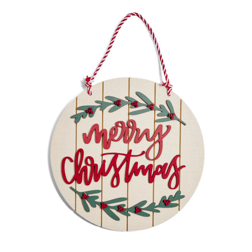 Pancarte No&euml;l inscription "Merry Christmas" en bois Ø30cm