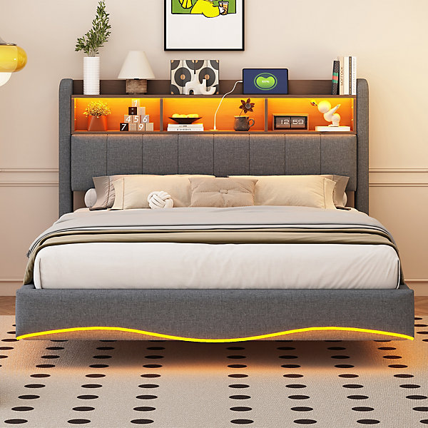 Lit Double 140x200 cm capitonné avec LED et Ports USB/Type-C, Coffre Intégré, Tissu Gris, Sans Matelas