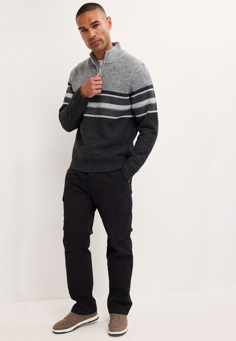 Mens Grey Stripe Sherpa Zip Neck Jumper