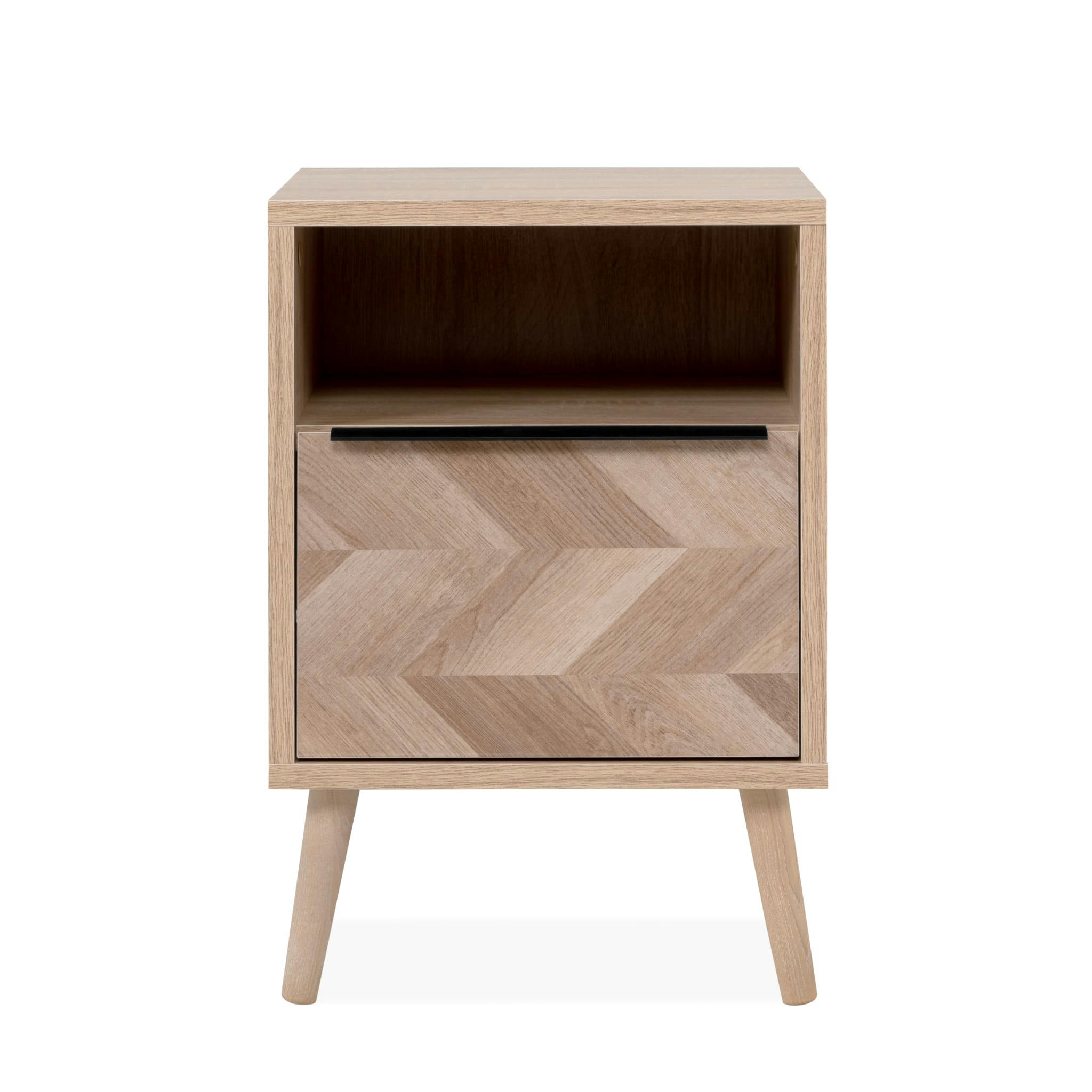 - Chevet 1 tiroir imprimé chevron avec pieds en bois massif naturel