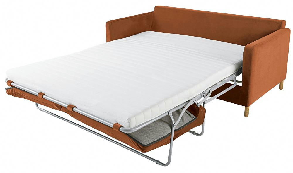 Julian - Canapé convertible 3 places en velours orange écureuil, matelas 10 cm