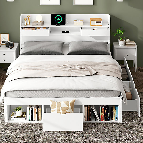 Lit adulte en MDF 135x190 cm - Avec port de recharge et rangements multifonctionnels - Blanc (matelas non inclus)