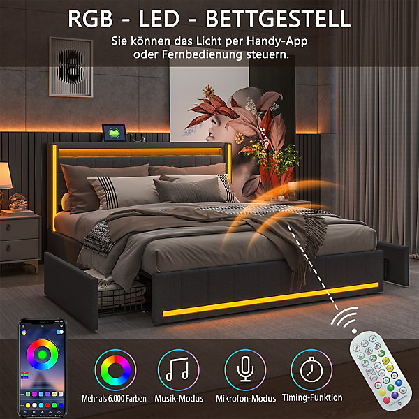 Lit 160x200 cm avec LED et ports USB Type C, lit Queen 160x200 cm avec sommier à lattes et 4 tiroirs, tissu en lin, gris foncé