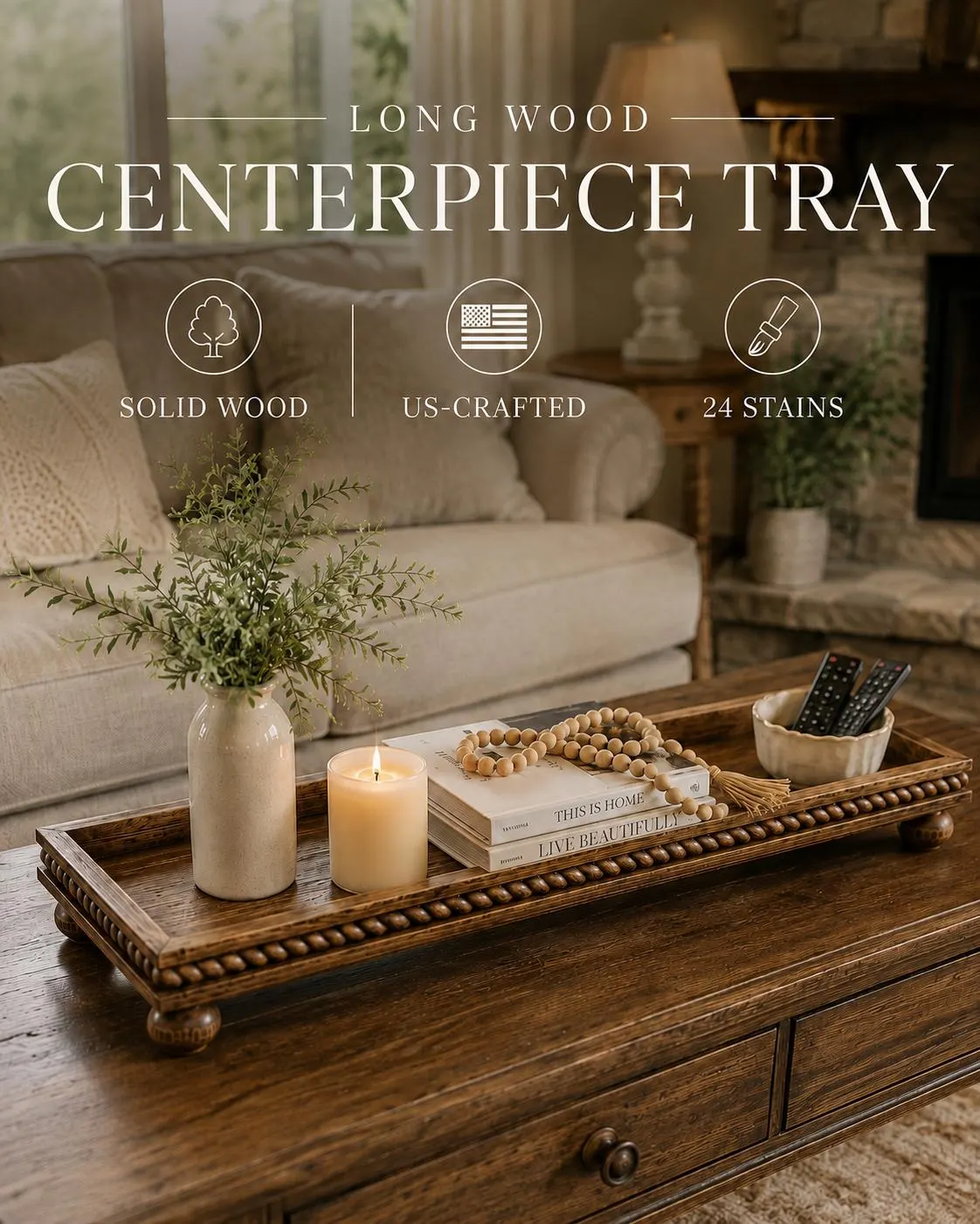 Long Solid Wood Coffee Table Tray, Footed Decorative Tray, Mantel Riser | Large Coffee Table Tray for Coffee Table Kitchen Counter Tray