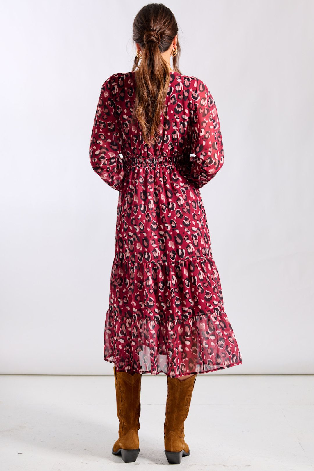 Needs No Label Red Leopard Tiered Chiffon Midi Dress