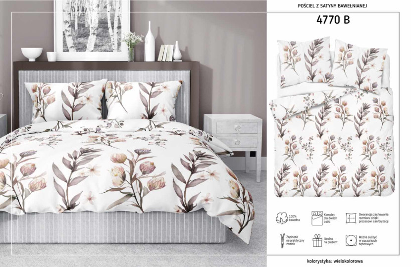 Pościel satynowa 140x200 biała gałązki kwiaty Home Satin