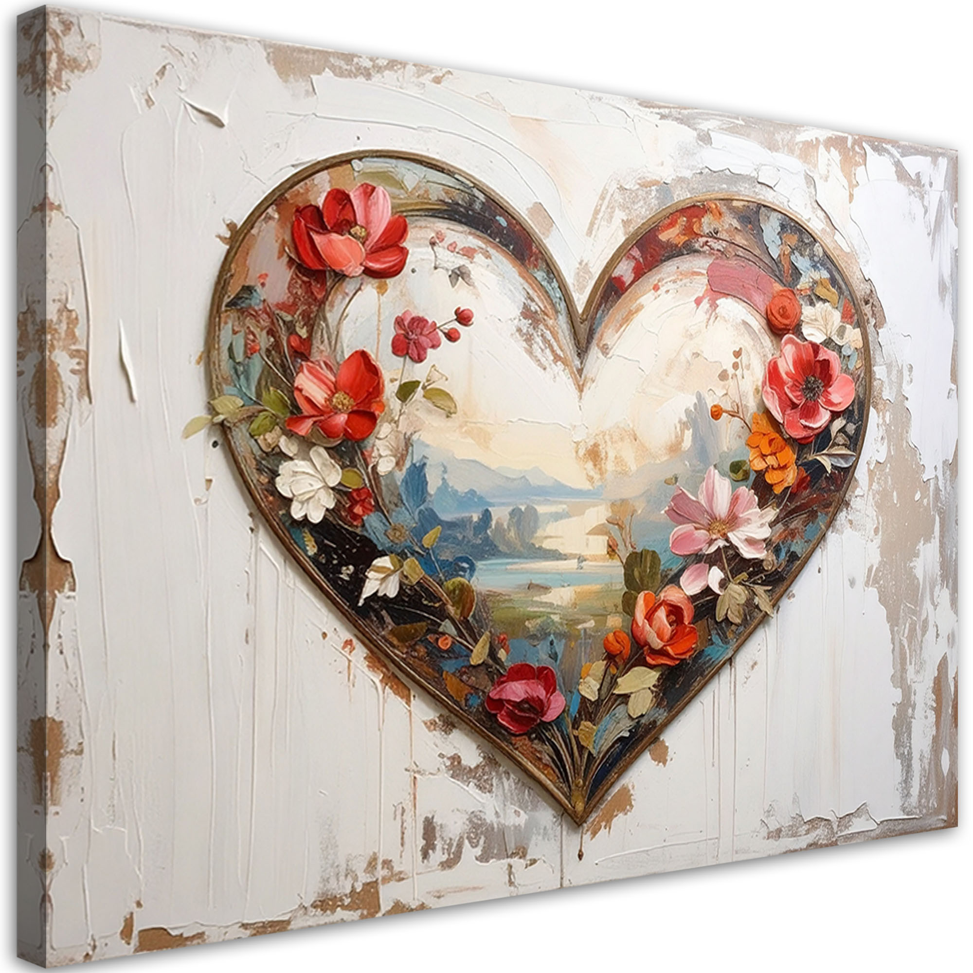 Obraz do salonu sypialni, 3D Serce miłość kwiaty w stylu shabby chic 30x20