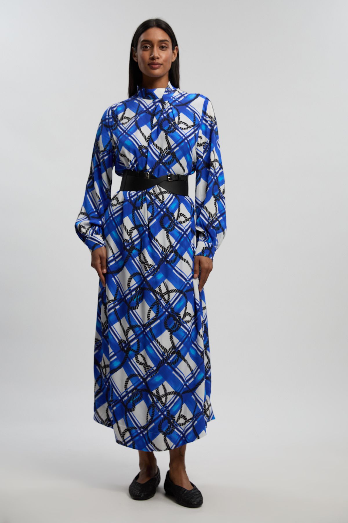 KarenMillen Rope Print Viscose Crepe Balloon Sleeve Maxi Dress With PU Belt
